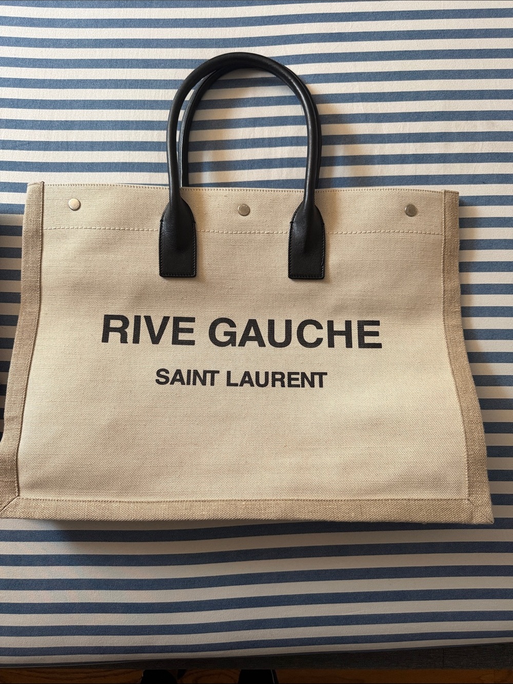 Large Saint Laurent Beige Canvas Rive Gauche Tote with Black Handles